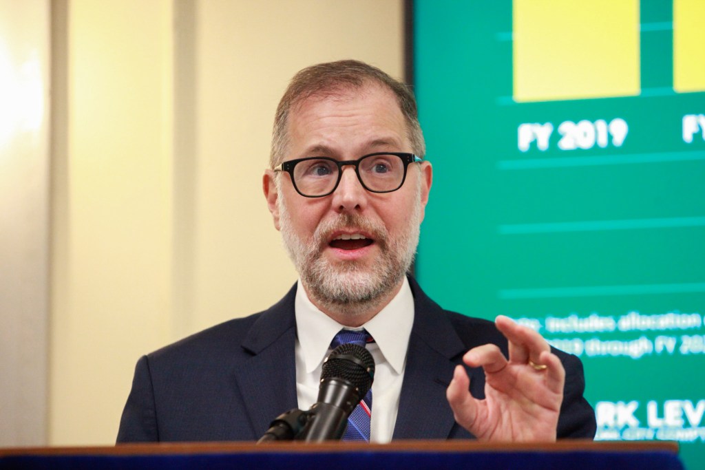 Comptroller Mark Levine speaks at the Municipal Building about the budget,