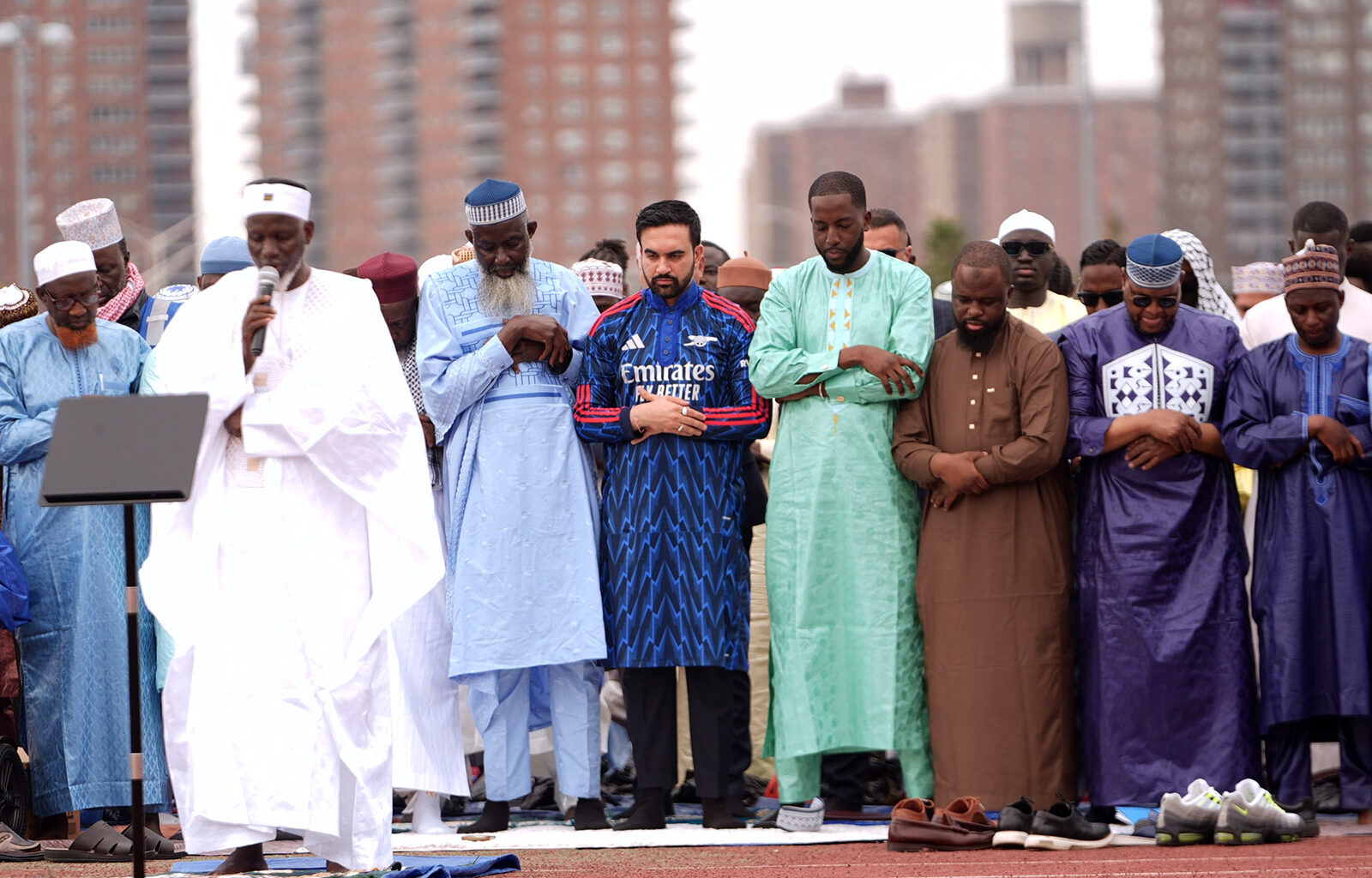 NEW YORK CITY, UNITED STATES - MAY 27: New York City Mayor Zohran Mamdani participates in Eid al-Adha prayers and delivers remarks at Yancey Track and Field at Macombs Dam Park in the Bronx, New York City, United States, on May 27, 2026. Worshippers gathered to mark Eid al-Adha celebrations at the venue. (Photo by Selcuk Acar/Anadolu via Getty Images)