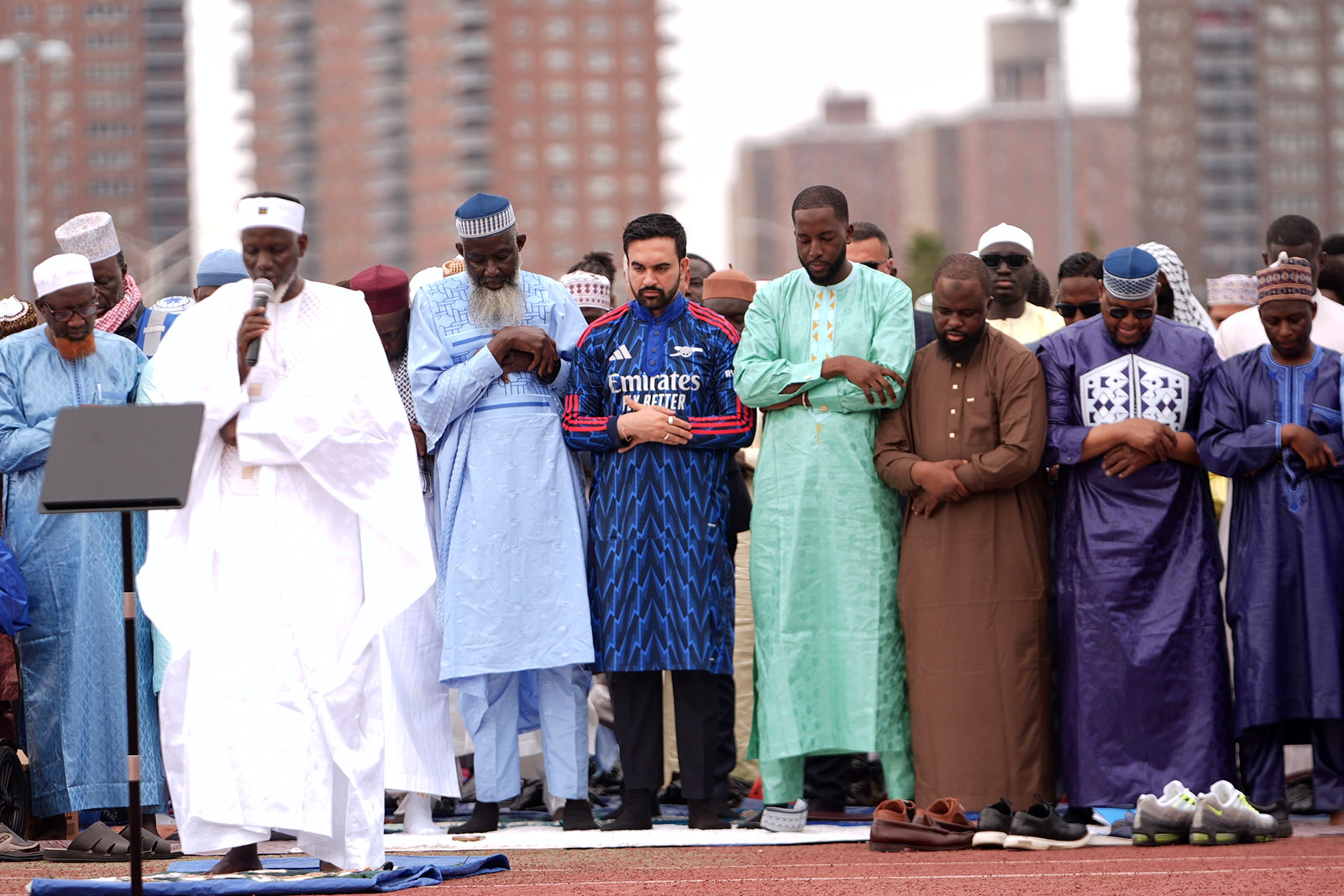 NEW YORK CITY, UNITED STATES - MAY 27: New York City Mayor Zohran Mamdani participates in Eid al-Adha prayers and delivers remarks at Yancey Track and Field at Macombs Dam Park in the Bronx, New York City, United States, on May 27, 2026. Worshippers gathered to mark Eid al-Adha celebrations at the venue. (Photo by Selcuk Acar/Anadolu via Getty Images)