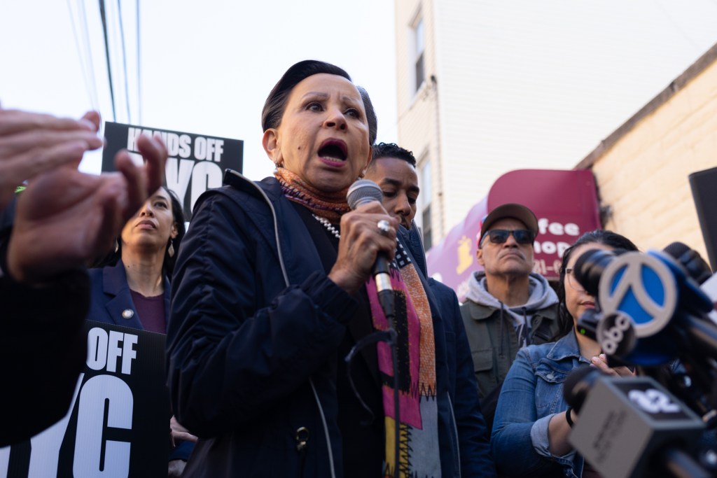 Congressional Rep. Nydia M. Velázquez (D-Brookyn) speaks at a rally outside Wyckoff Heights Medical Center after a clash between protesters and the NYPD following federal agents tasing a man, May 4, 2026.