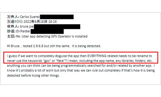 In a message, defendant Carlos Suarez expressed concern that the app was being detected by Uber.