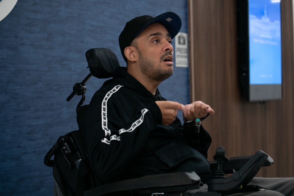 Disability-rights advocate Jose Hernandez speaks outside a Council hearing at 250 Broadway about his concerns with a proposed bill to stop 24-hour home health aide shifts,
