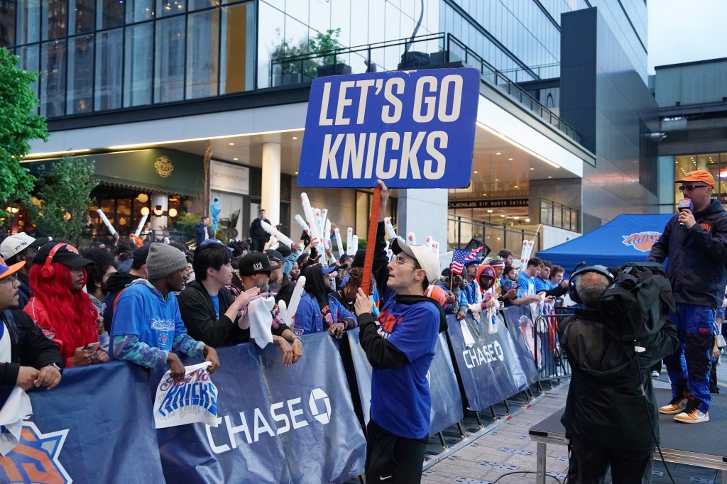 New York Knicks fans reacting to plays during game 2 of the New York Knicks vs. the Philadelphia 76ers Conference Semi-Finals outside of Madison Square Garden in New York, NY on May 6, 2026.