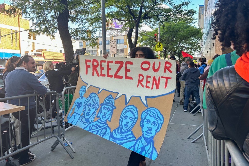 Tenant advocates rallied outside of the LaGuardia Performing Arts Center ahead of a Rent Guidelines Board preliminary vote,