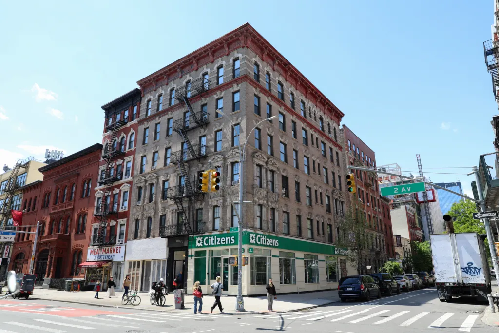 A classic tenement building sits along 2nd Avenue in the East Village