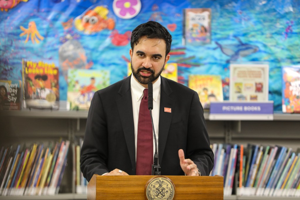 Mayor Zohran Mamdani speaks at the Ditmas Park public library about restoring funding for branches across the city,