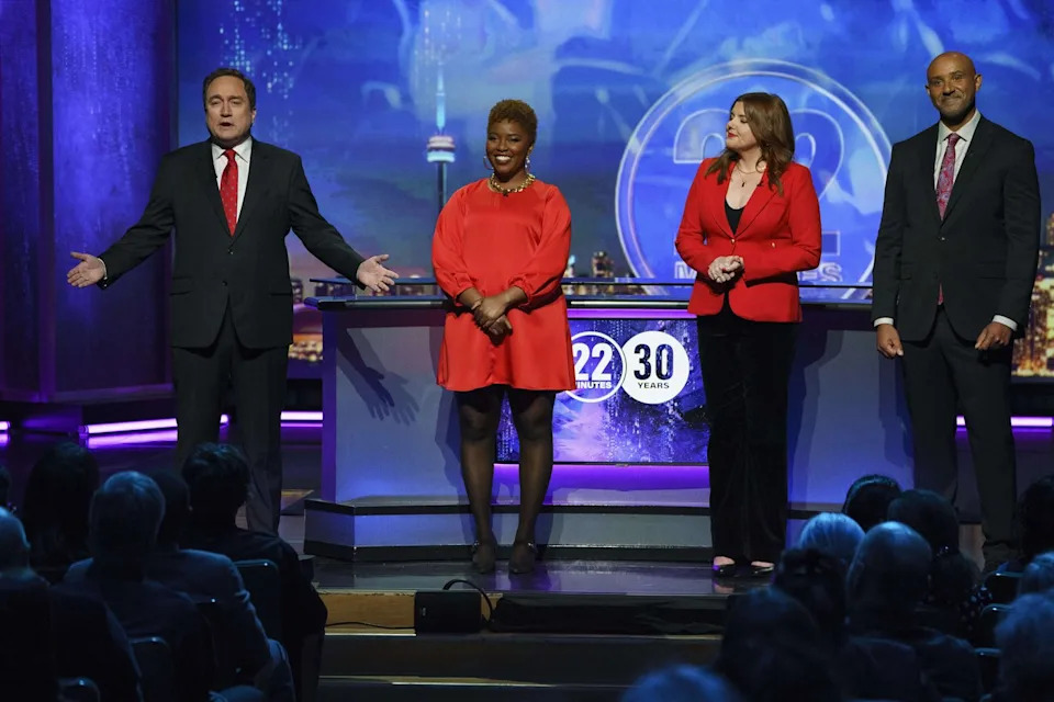 The cast of This Hour Has 22 Minutes, Mark Critch, left to right, Aba Amuquandoh, Stacey McGunnigle and Trent McClellan, are photographed during a live taping at the Glenn Gould Studio in Toronto, on Monday, Oct. 3, 2022. THE CANADIAN PRESS/Alex Lupul
