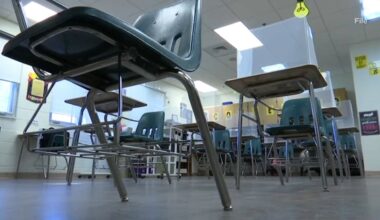 desks in an empty classroom