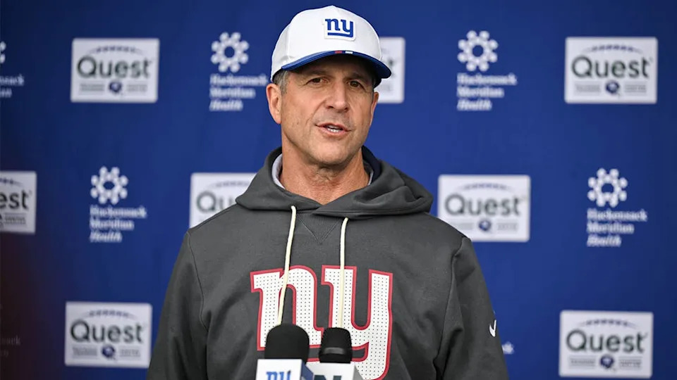 <a class="link " href="https://sports.yahoo.com/nfl/teams/ny-giants/" data-i13n="sec:content-canvas;subsec:anchor_text;elm:context_link" data-ylk="slk:New York Giants;sec:content-canvas;subsec:anchor_text;elm:context_link;itc:0" data-yga="{"yLinkElement":"context_link","yModuleName":"content-canvas","yLinkText":"New York Giants","ySubModuleName":"anchor_text","yHasCommerce":false}">New York Giants</a> head coach Jim Harbaugh speaks during a press conference at rookie minicamp at Quest Diagnostics Training Center. (Credit: John Jones-Imagn Images)