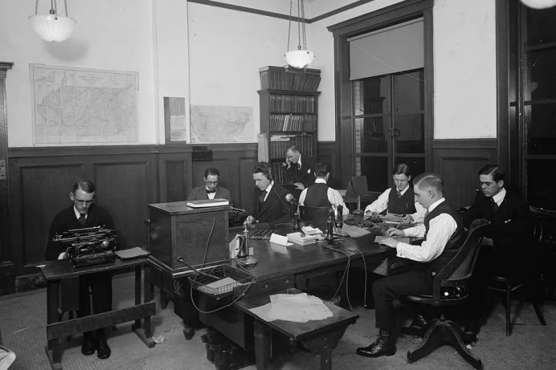 This undated file photo shows the interior of a United Press office at the Munsey Trust Building in Washington, D.C. On this day in 1958, United Press and the International News Service merged, forming United Press International. File Photo by Harris and Ewing/Library of Congress