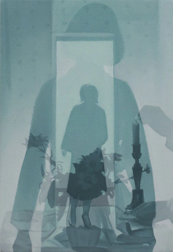 Abstract depiction of a silhouette in a doorway with layered textures and soft, muted colors.