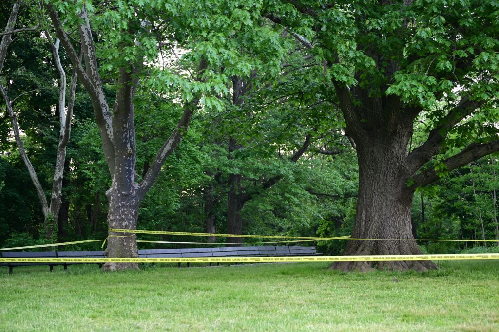 Crime scene tape in a park near Kissena Lake after the discovery of 75-year-old Albert Itzkowitz.