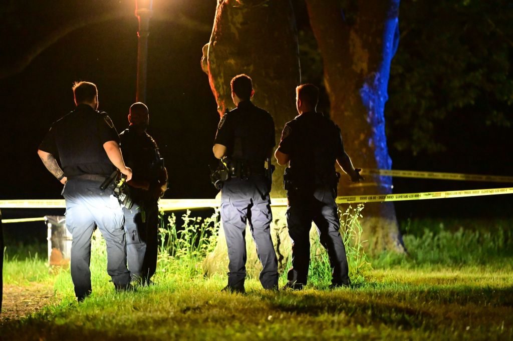 NYPD officers at the Kissena Lake crime scene where Albert Itzkowitz was found dead.