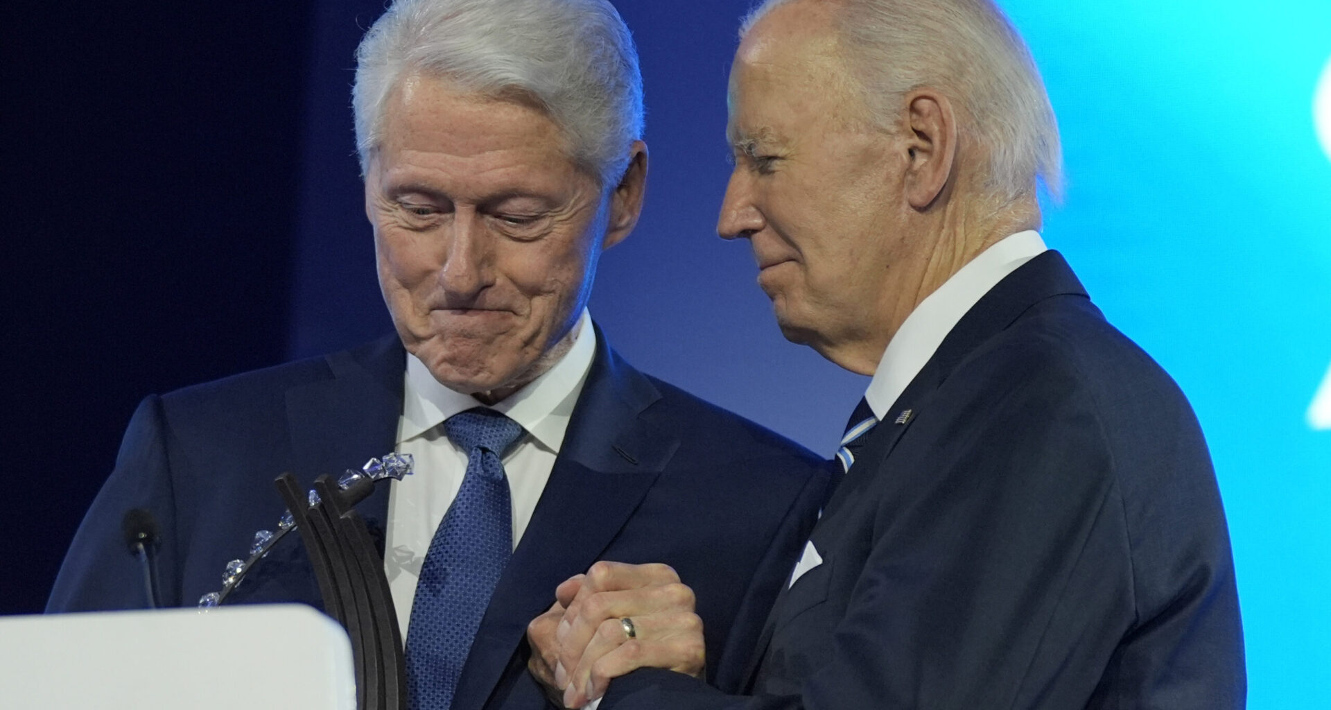 President Joe Biden is presented with the Global Citizen Award by former President Bill Clinton at the Clinton Global Initiative Monday, Sept. 23, 2024, in New York. (AP Photo/Manuel Balce Ceneta)