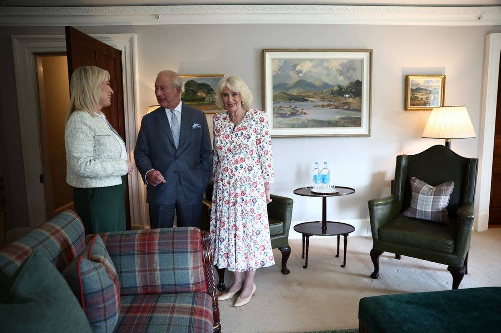 Queen Camilla and king charles meeting Michelle O'Neill at Hillsborough Castle  
