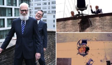 Stephen Colbert mocks CBS News, Tony Dokoupil as David Letterman helps toss furniture off roof