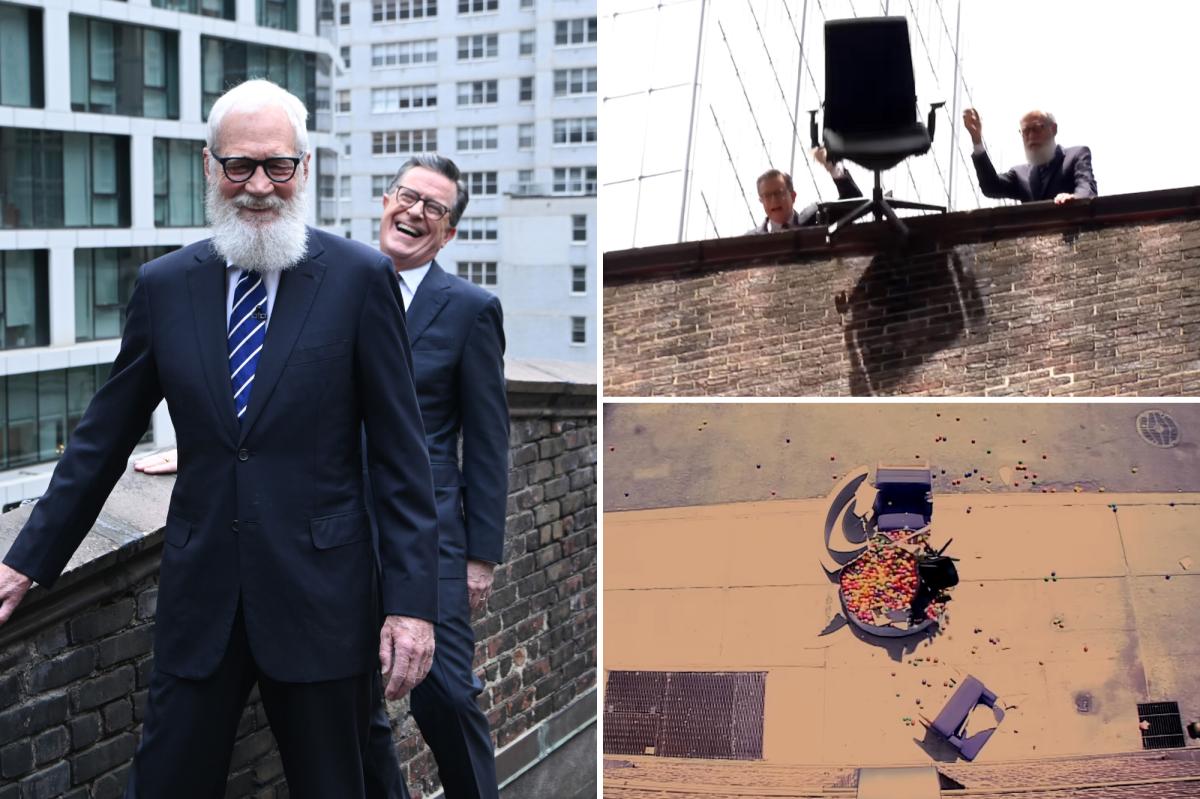 Stephen Colbert mocks CBS News, Tony Dokoupil as David Letterman helps toss furniture off roof
