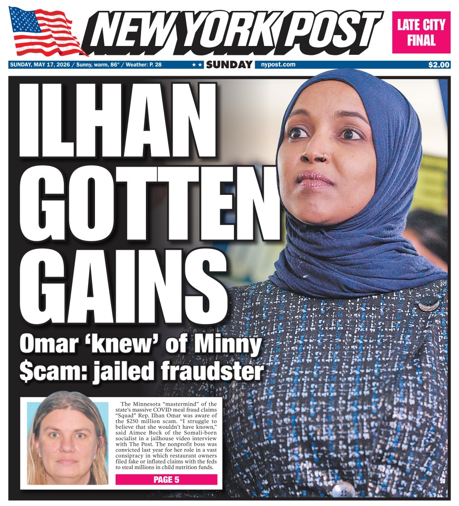 New York Post cover alleging Ilhan Omar knew of a fraud scam, with a photo of Omar and Aimee Bock.