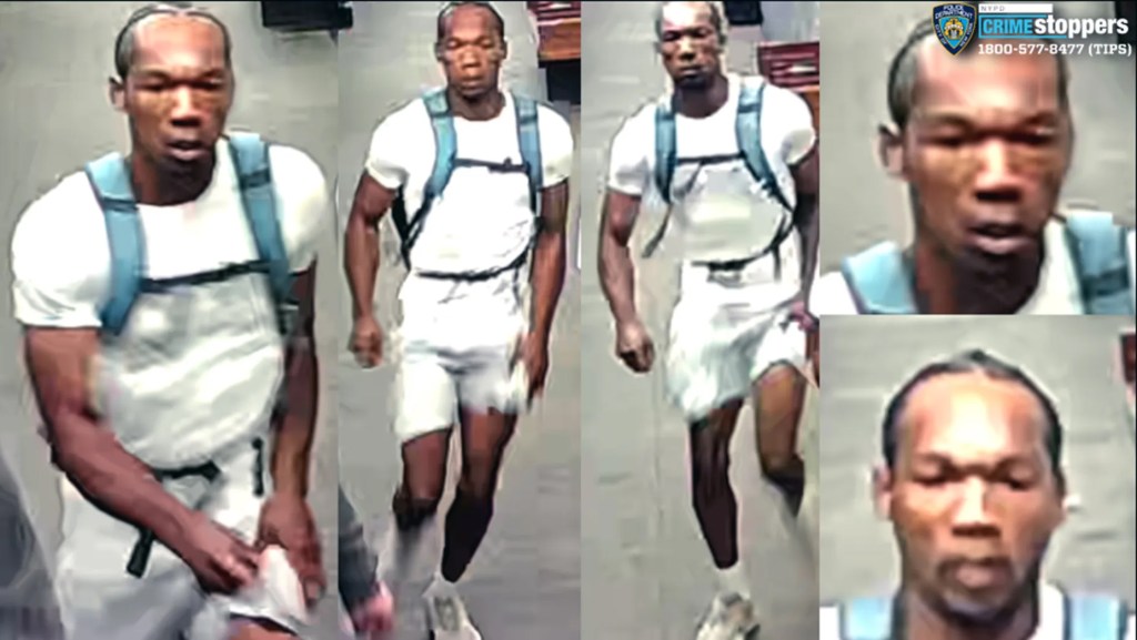 Collage of images showing a suspect in a white shirt and shorts with a light blue backpack.
