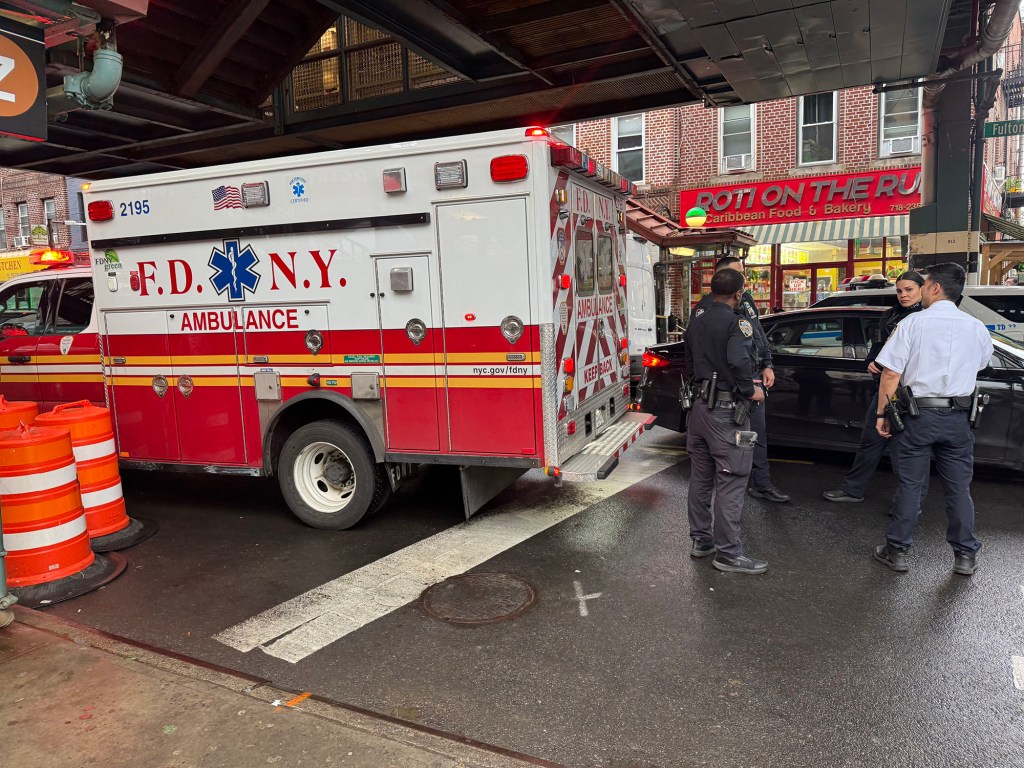 An FDNY ambulance and police officers under a subway overpass.