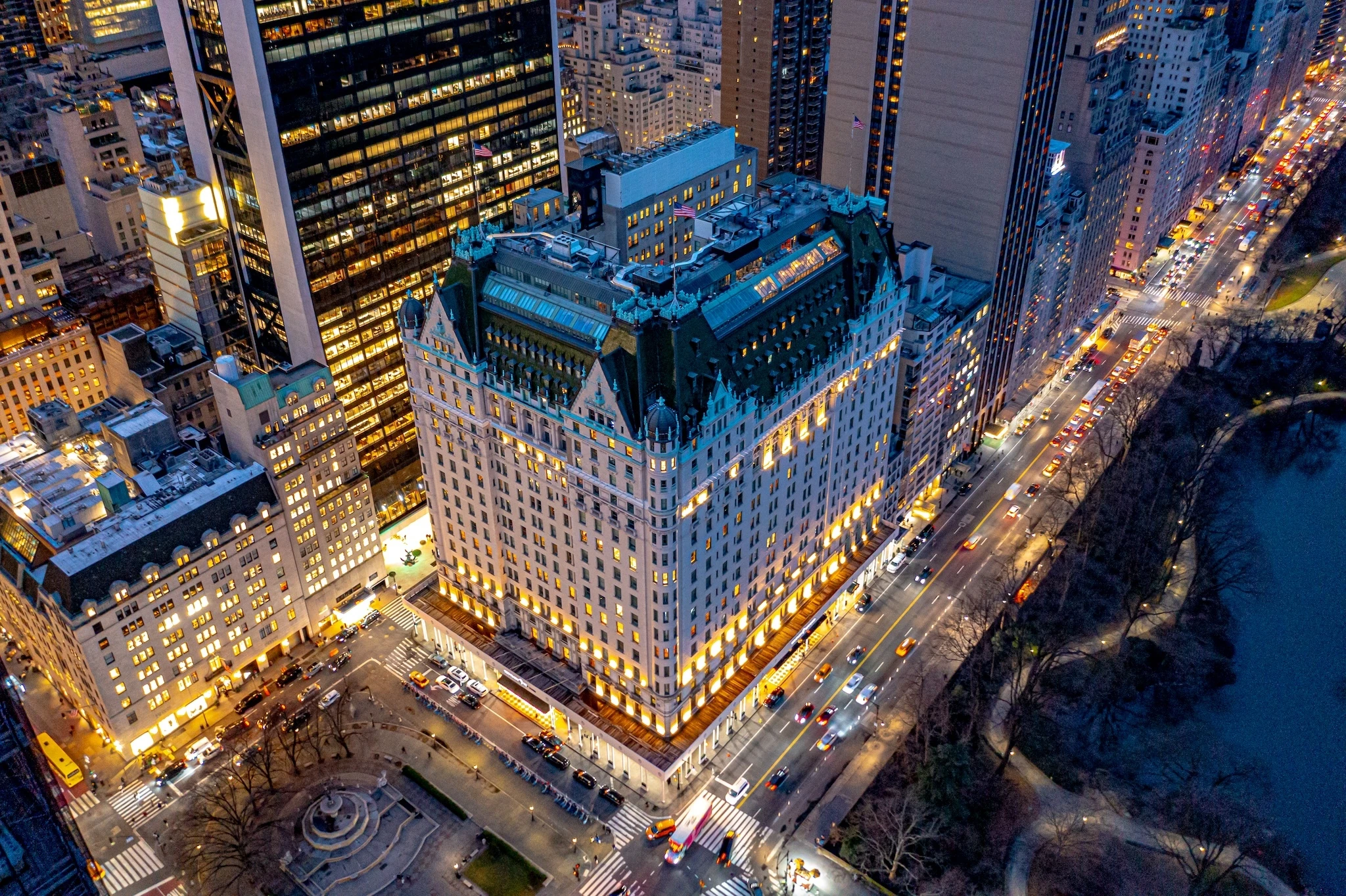 The exterior of the Plaza Hotel at night.