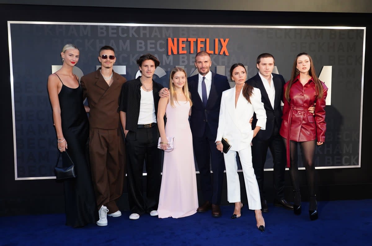 (left to right) Mia Regan, Romeo Beckham, Cruz Beckham, Harper Beckham, David Beckham, Victoria Beckham, Brooklyn Beckham and Nicola Peltz arrive for the premiere of Netflix’s documentary series Beckham at the Curzon Mayfair in London (Ian West/PA) (PA Wire)