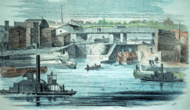 A 19th-century postcard image of Lock 1 in Albany.
