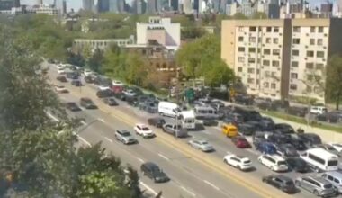 Nail-biting video shows reckless NYC drivers go wrong way on highway to dodge Five Boro Bike Tour traffic