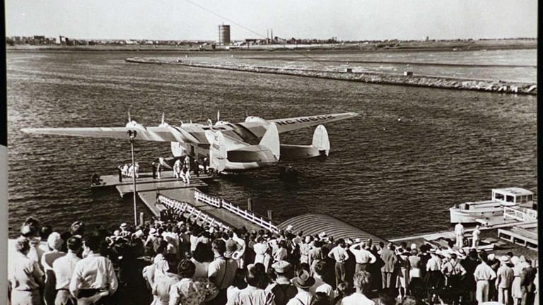 A Pan Am "flying boat" outside LaGuardia's Marine Air Terminal,...