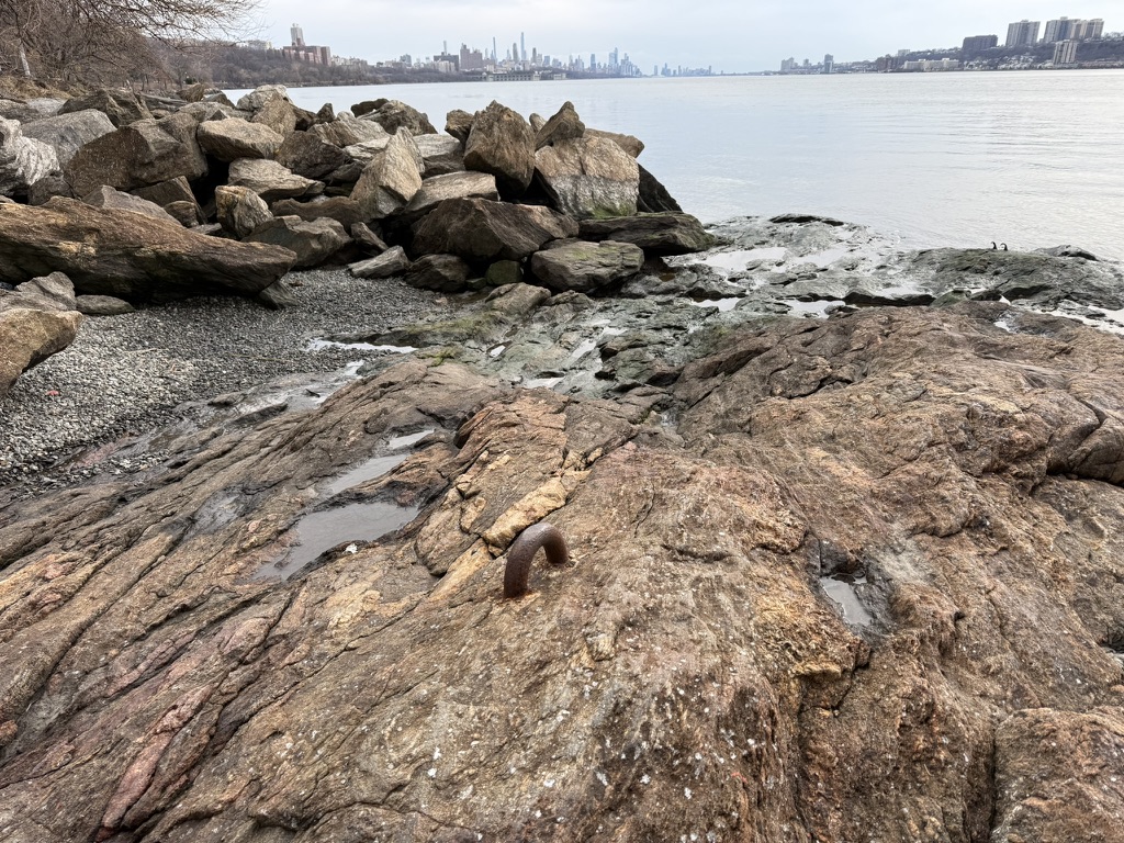 The Revolutionary War-era hooks drilled into the rocks at Jeffrey’s Hook in Upper Manhattan
