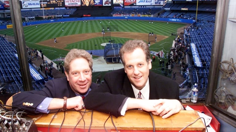 Yankees radio announcers John Sterling, left and Michael Kay, in...
