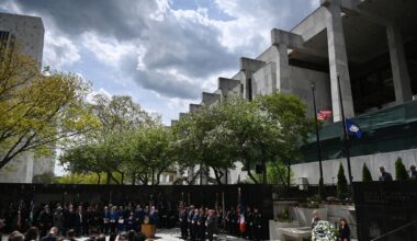 The names of fallen New York police officers are read during the state's annual Remembrance Ceremony of officers on Tuesday at the New York State Police Officers Memorial at Empire State Plaza in Albany. Fifty-six police officers from eight departments who died in the line of duty or related to their service were honored. Sgt. Christopher M. Filli of the Hudson City Police Department and Deputy Bernard A. Roberts of the Columbia County Sheriff’s Office were among the names added to the memorial wall. (Will Waldron/Times Union)