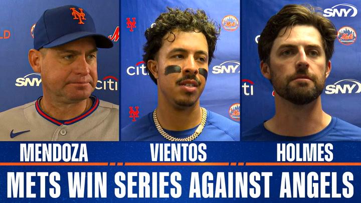Carlos Mendoza, Mark Vientos, Clay Holmes and Carson Benge after Mets take series against Angels