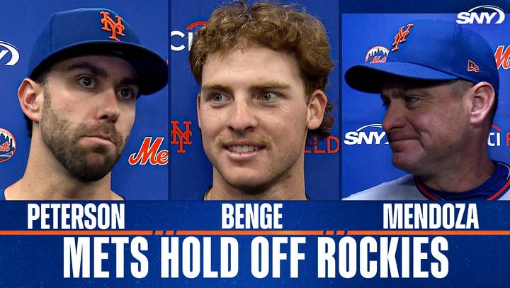 Carlos Mendoza, Carson Benge and David Peterson react to Mets win in Colorado