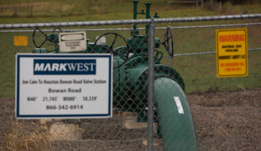 A valve station controlling natural gas flow from the Utica and Marcellus Shale fields is seen in Mount Pleasant Township, Pennsylvania, in 2017. 