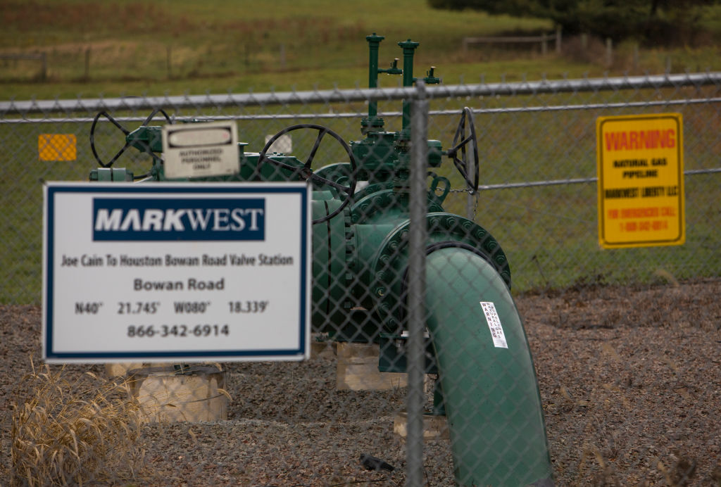 A valve station controlling natural gas flow from the Utica and Marcellus Shale fields is seen in Mount Pleasant Township, Pennsylvania, in 2017. 