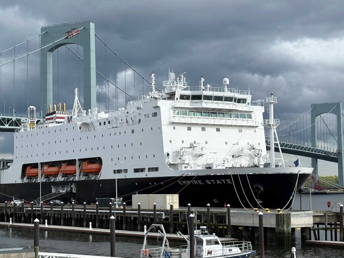 CREDIT: Steve Kastenbaum CAPTION: The Empire State VII, a first of its kind training ship, at SUNY Maritime College by the Throgsneck Bridge in the Bronx.
