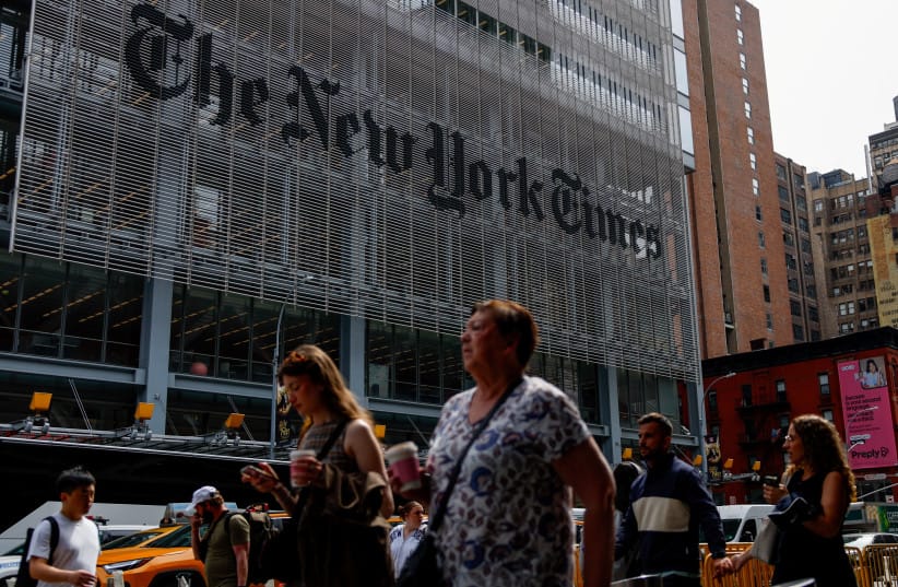 People walk by The New York Times building in Manhattan, New York City, September 16, 2025; illustrative.