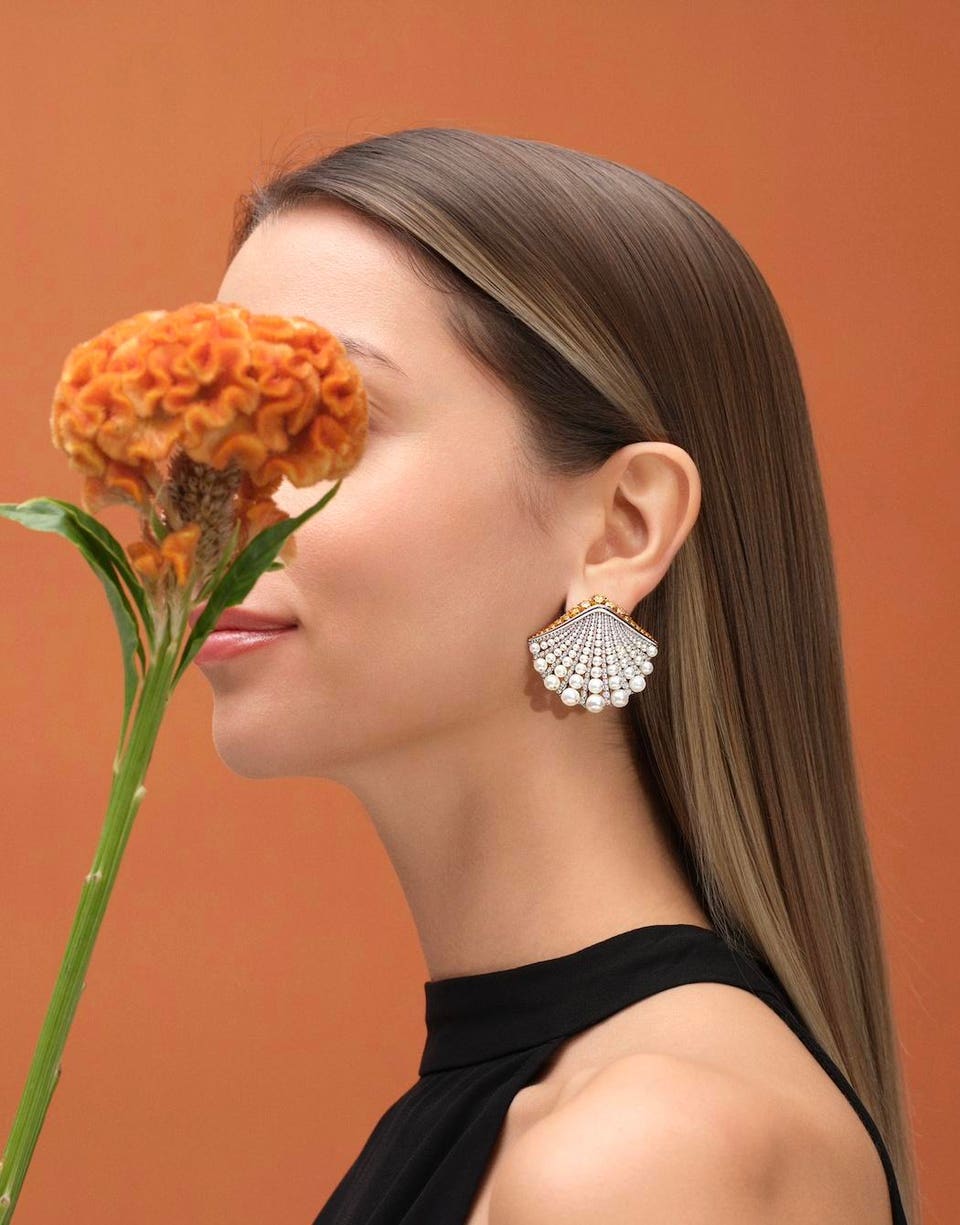 Natural Pearl and Orange YellowDiamond Shell Earrings by Forms