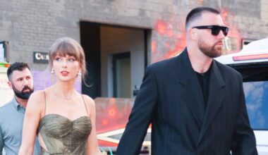 Taylor Swift Wears Travis Kelce’s Blazer Over Bronze Cutout Gown in NYC