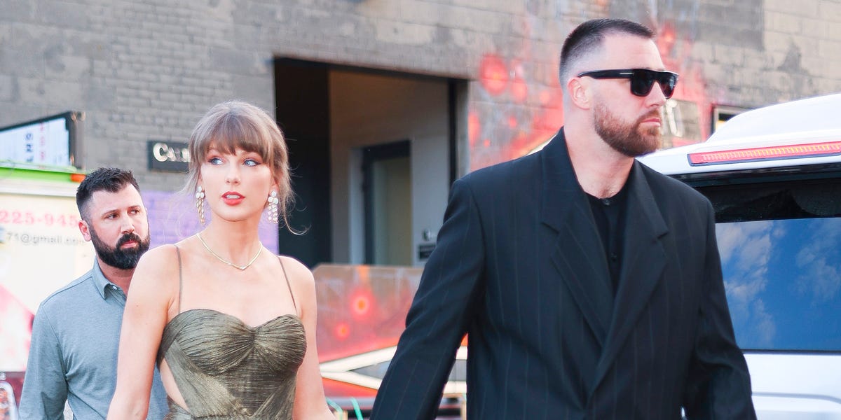 Taylor Swift Wears Travis Kelce’s Blazer Over Bronze Cutout Gown in NYC