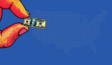 AI created illustration of a forefinger and thumb holding a tiny 100 dollar bill U.S. Map of the U.S. on a blue field in the background. Done in Pop Art style.