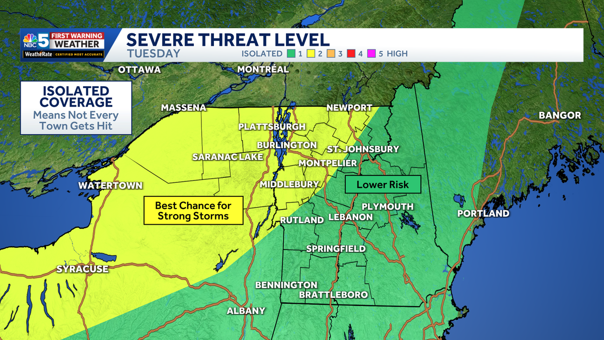 Few stray storms, some locally strong, Tuesday in Vermont and New York