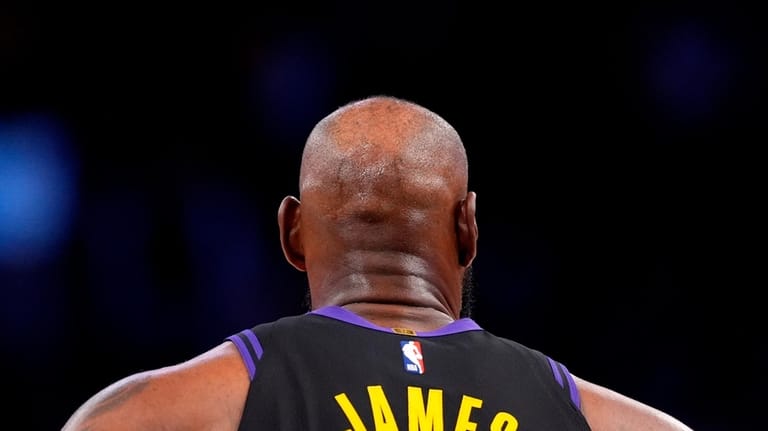 Los Angeles Lakers forward LeBron James stands on the court...
