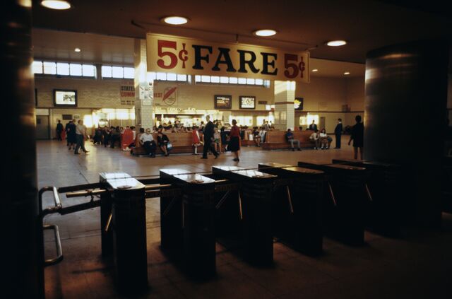 The Staten Island Ferry station in New York, advertising a 5 cent fare, in 1969.