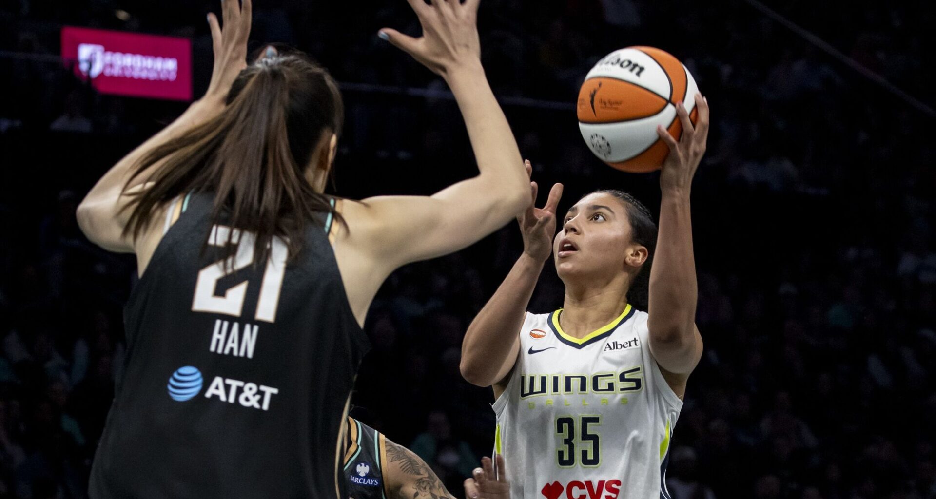 Azzi Fudd #35 of the Dallas Wings shoots against Han Xu #21 of the New York Liberty at Barclays Center on May 24, 2026 in New York City. 