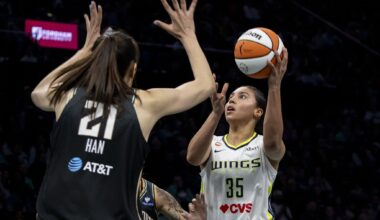 Azzi Fudd #35 of the Dallas Wings shoots against Han Xu #21 of the New York Liberty at Barclays Center on May 24, 2026 in New York City. 