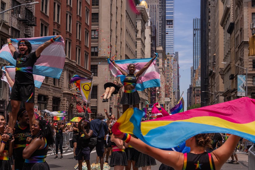 NEW YORK, NEW YORK - JUNE 29: Members of Gotham Cheer, an LGBTQIA+ adult athletic group, take part i...