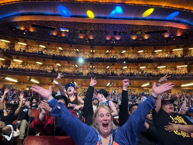 Fans attend the Knicks Game 4 Watch Party at Radio City Music Hall on Monday, May 25, 2026. (Kerry Burke/New York Daily News)