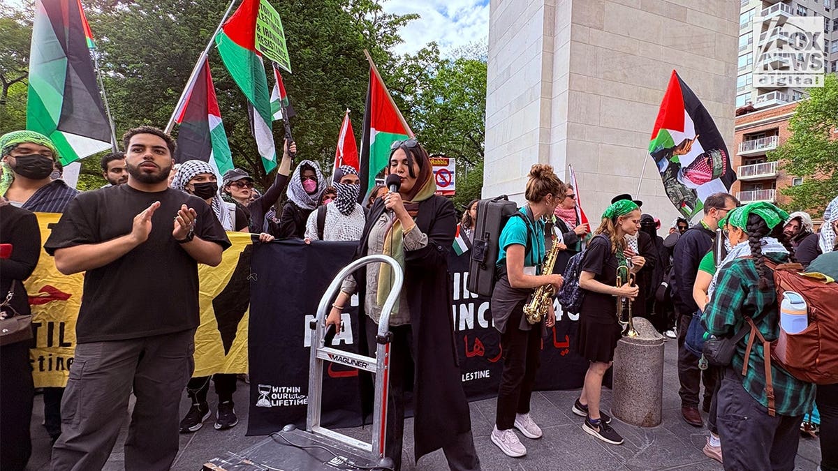 Nerdeen Kiswani speaks to anti-Israel demonstrators in Washington Square Park surrounded by Palestinian flags and protest banners.